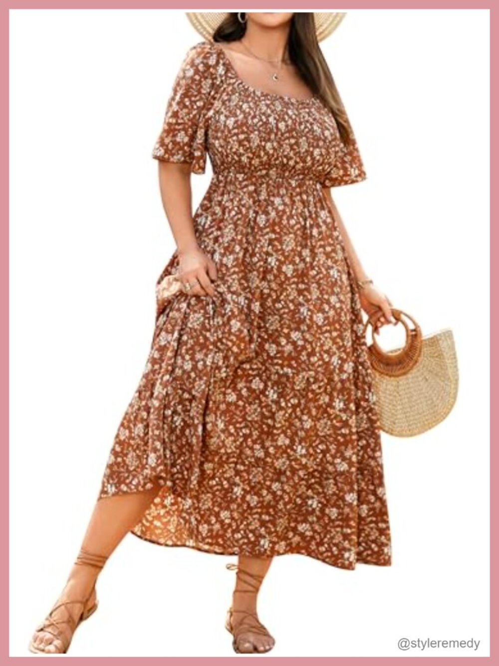 RWJ Women's Plus Size Smocked Boho Maxi Dress Short Sleeve Summer